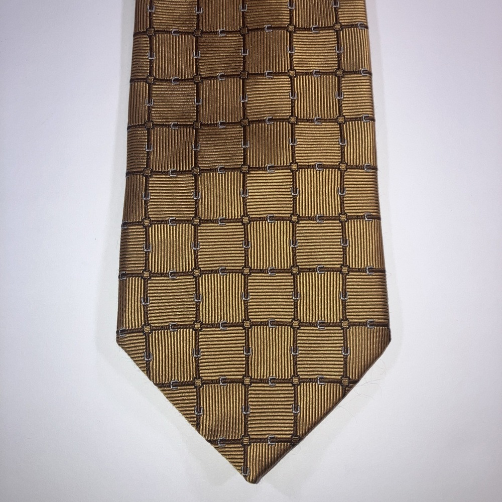 Vintage Brooks Brothers Gold Brown‎ Geometric Grid Silk Necktie 61"